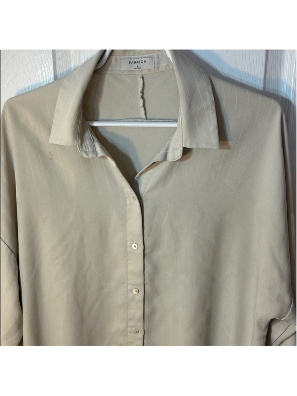 Babaton Pinstripe Button Shirt Elegant Beige Women's Top size Large Career Flaw* - Picture 3 of 7
